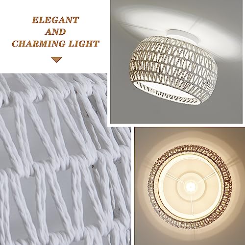 Rattan Ceiling Light Fixtures, Hand-woven Boho Flush Mount Ceilings Light, Handmade Rattan Light Fixtures Ceiling Mount with Fabric Shade, Farmhouse Light Fixture for Bedroom Hallway Entryway (White) - Image 6