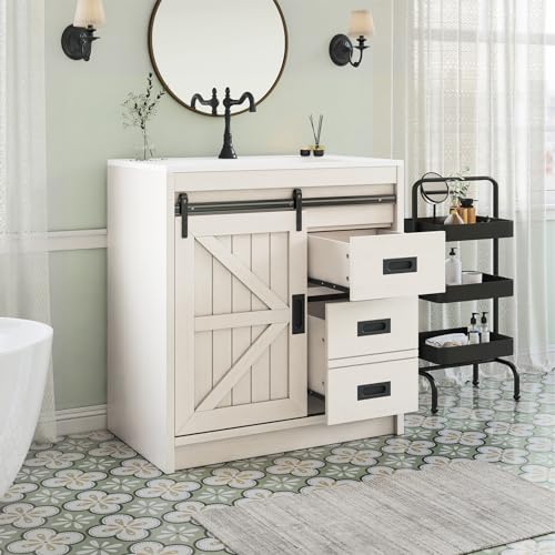31 Farmhouse Sliding Barn Door Bathroom Vanity with Sink Combo Bathroom Vanity Cabinet with Drawers Metal Handles Freestanding Distressed White