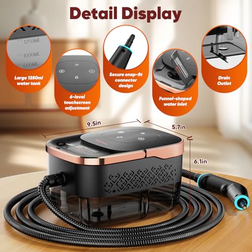 Image of Steam Cleaner, 2500W Pressurized Heavy Duty Handheld Steamer with 1.32QT Tank & 10 Attachments - for Kitchen, Bathroom, Car, Floors, Tile, Furniture, Couch, Windows (Black /Gold)