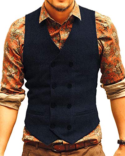 BYLUNTA Chaleco de tweed para hombre de negocios, retro, con doble pecho, estilo vintage, para bodas, de lana, tallas XS-3XL, marine, S Cover