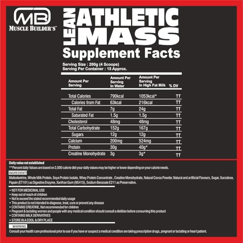 Image of M B Muscle Builder's Lean Athletic High Protein Muscle Mass Gainer with Creatine, 1053 Calories & 40g Protein, Gain Strength & Size, Weight Gainer for Men & Women [Chocolate Peanut Butter,3 Kg / 6.6lb]