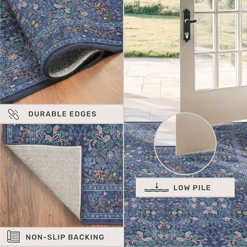 Image of Navy Blue Washable 2x3 Entry Rug - Small Front Door Mats Indoor, Non-Slip Boho Bathroom Rugs, Vintage Dark Decor for Kitchen, Entryway