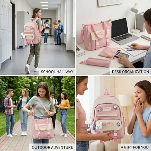 Feigujin 5Pcs Kawaii Cute Backpacks Combo Set with Bear Pendant Pins Patchwork Japanese Aesthetic Anime Bunny Daypack Bag Kit (Black) by Feigujin - Used condition - Image 3