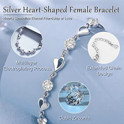 FuninCrea Silver Love Heart Bracelet Sparkle Cubic Zirconia Bracelet for Women Girls Vintage Classic Adjustable Crystal Friendship Bracelets Jewellery Gift for Birthday - Image 4