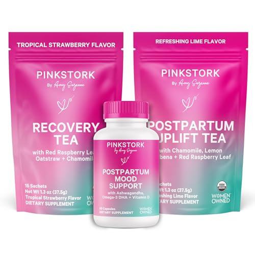 Image of Pink Stork Postpartum Essentials Kit – Hormone Balance, Recovery & Mood Support for New Moms – Postnatal Vitamins Ashwagandha + Herbal Teas for Stress Relief, Energy, Sleep – Gift Set – Vegan, Organic
