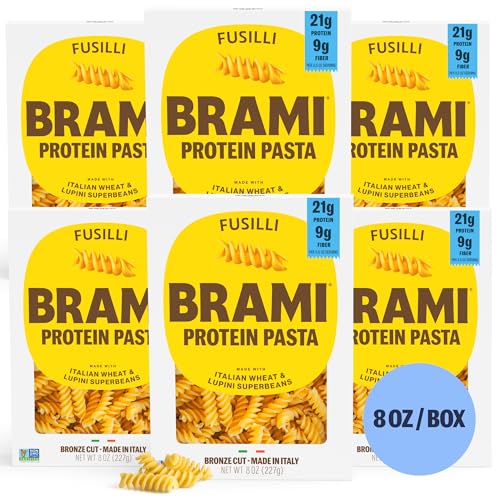 Brami Fusilli Italian Protein Pasta | Low Carb | High Fiber | High Protein | Non-GMO | Made in Italy | Dry Pasta | Semolina Pasta | Fortified with Heart Healthy Lupini Beans | 8oz (Pack of 6)