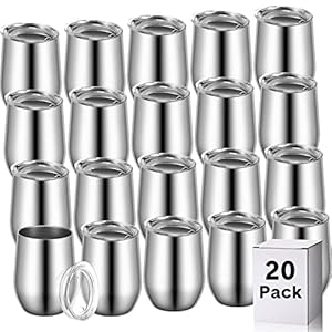20 Packs Wine Tumblers Insulated Cups with Lids, 12 oz Stainless Steel Stemless Wine Tumblers Double Layer Vacuum Wine Glasses Tumbler Cup Coffee Mug for Hot Cold Drink