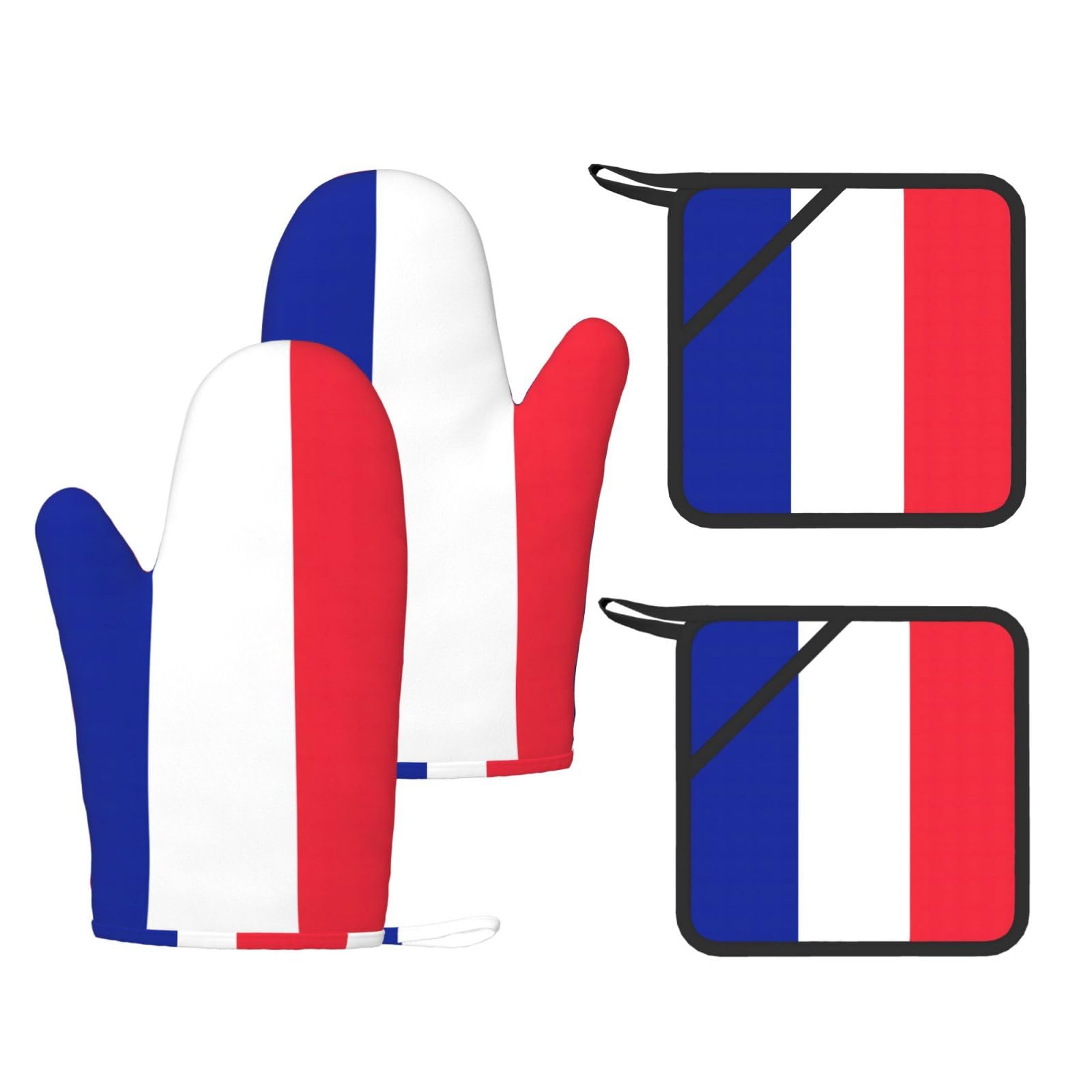 French Flag Printed Kitchen Set with Heat Resistant Oven Gloves & Non-Slip Pot Holders for Daily Cooking