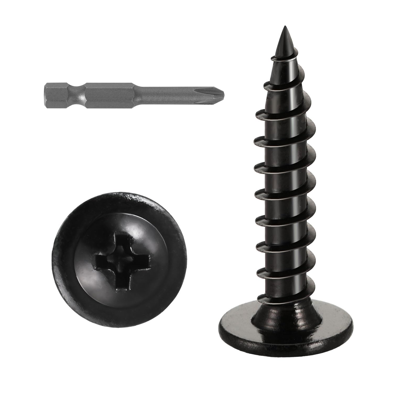Photo 1 of #10 x 1 (100 PCS) Modified Truss Head Wood Screws, Phillips Drive Quick Metal Self Tapping Screws, Black Coating, Full Thread, Screwdriver Bit Included