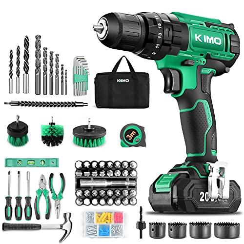 Weekly Top Sale KIMO Cordless Drill Driver Set, 20V Drill Driver with w/Li-ion Battery/Charger, 68PCS Accessories, 3/8" Chuck, 350 In-lb Torque Drill Bits, Torpedo Level, Wire Pliers for Wood, Furniture Installation