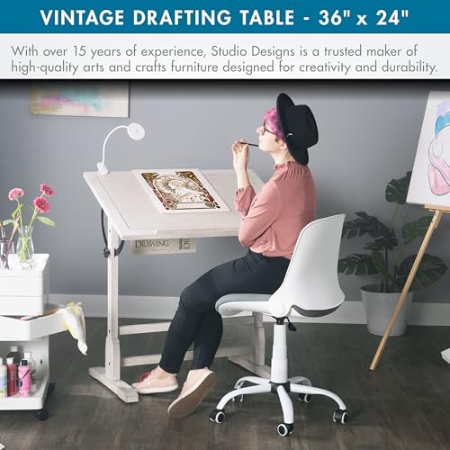 Image of Studio Designs Vintage Drawing /Drafting Table with Pencil Ledge - 36 inch W x 24 inch D - Coastal Whitewash - Adjustable Tilting Top