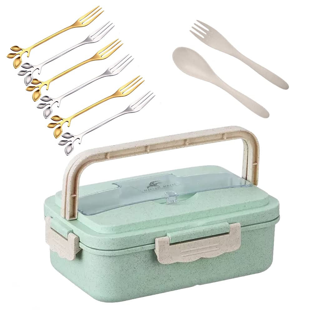 Bento Lunch Box Portable Container for Kids & Adults with 3 Airtight Leakproof Compartments & Lid Handle – Spoon Fork – Free 6 Mini Fruit Forks - Microwave Safe - Made of Wheat Straw (Green)