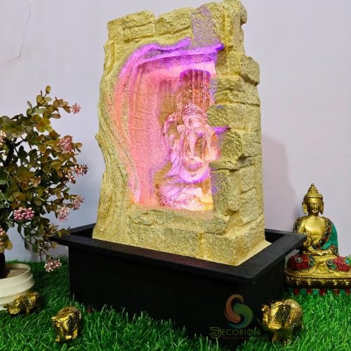 Image of Decorative Table Top Water Fountain for Home Decor /Office /Indoor & Outdoor /Garden /Puja Room /Vaastu with Multicolor LED Light and Adjustable Water Pump (Waterfall Ganesha D-015)