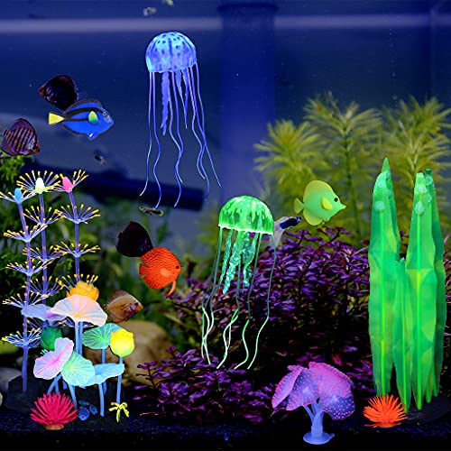 Image of Lpraer 11 Pcs Glow Aquarium Decorations Coral Lotus Leaf Anemone Seaweed Floating Fish Jellyfish Glowing Effect Silicone for Fish Tank Decorations