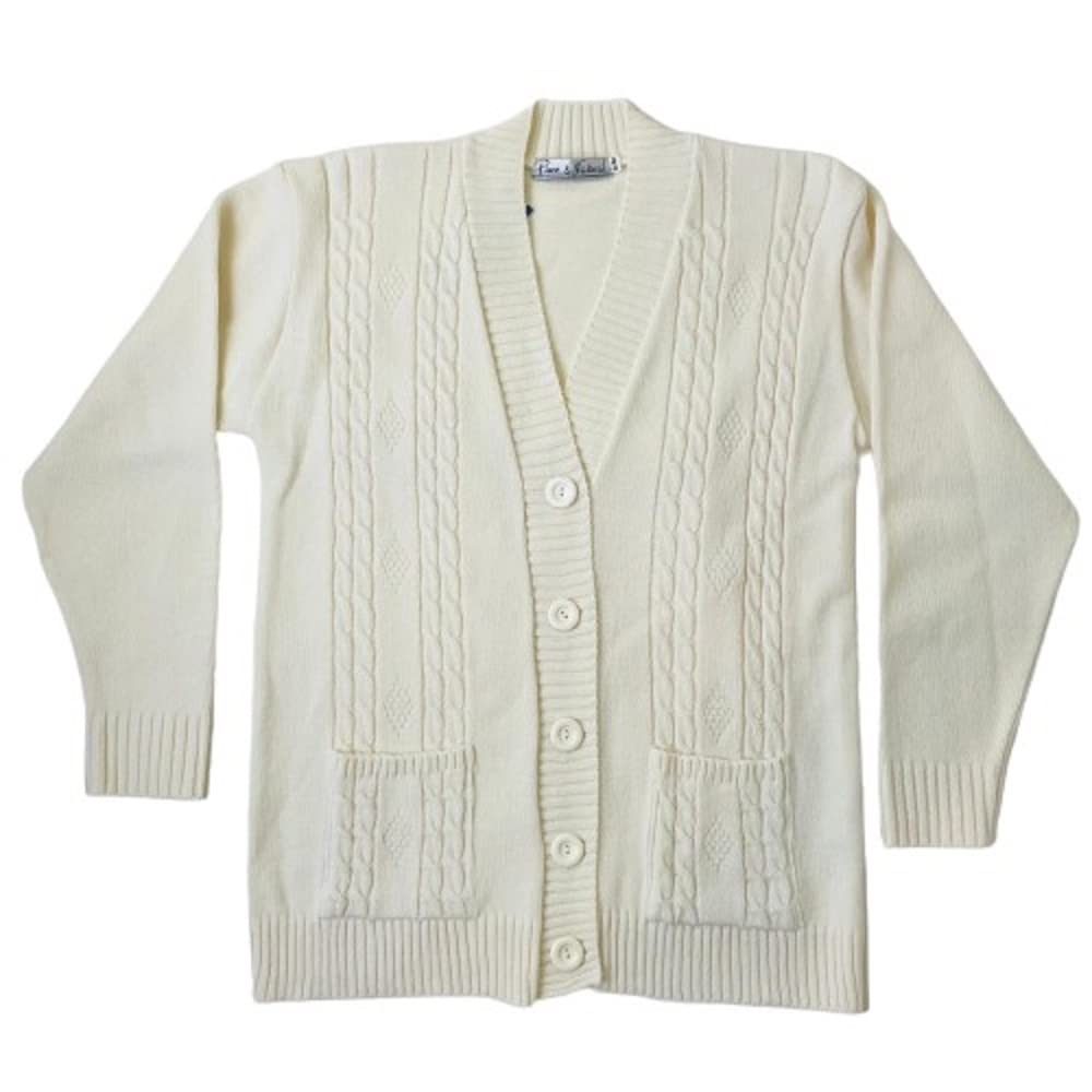 F & S LTD Ladies Womens Pattern Knitted Cardigan with Button up Closure with Pockets Size S-XL (Cream, L-XL)