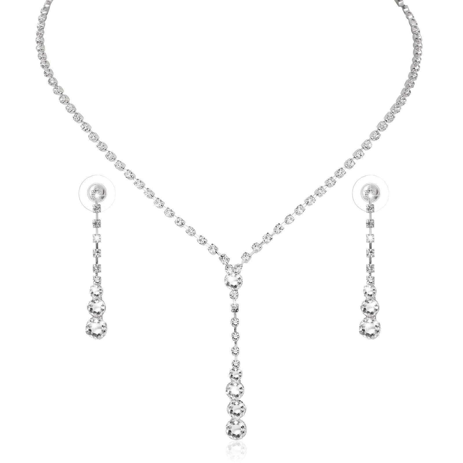 Silver Wedding Jewelry Sets for Women Sparkled Crystal Bridal Jewelry Set Rhinestone Necklace Teardrop Dangle Earrings Sil...