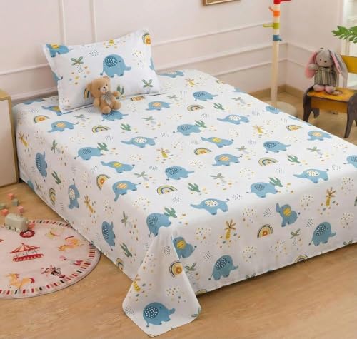 RD FABS Glace Cotton Wrinkle Free Soft Hypoallergenic Single Bed Sheet with 1 Pillow Cover | Cartoon Printed Elephant Design for Boys & Girls Room | 60x90 Inches Grey | 144 TC