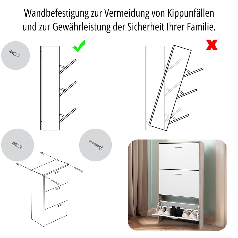 CASABEL Schuhschrank für 18 Paar, Schrank mit großem Fassungsvermögen für Eingangsbereich, Flur, L 60 x T 24 x H 113 cm, Weiß helles Holz