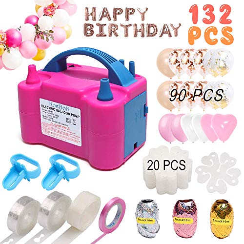 Balloon Pump,132 PCS Electric Balloon Blower 110V 600W Portable Dual Nozzles Electric Balloon Air Pump Electric Balloon Inflator with 90 PCS Balloons, Tying Tools, 20 Flower Clips, Tape Strip, Colored Ribbon and Dot Glues for Party Decoration