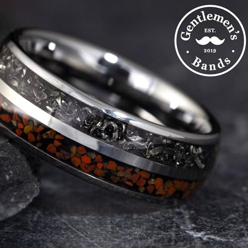 Gentlemen's Bands Premium Silver Tungsten Wedding Band with Dinosaur Bone & Meteorite Inlay | Wedding Ring Is Ideal Gift | Package Includes Silicon Band, Walnut Ring Box, Leather Pouch3