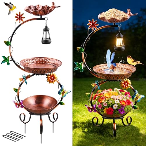 YOFOVI Metal Bird Bath for Outside, 3 in 1 Large Bird Birdbaths for Outdoors with Solar Lamp & Flower Planter Pedestal, Vintage Freestanding Bird Feeder Water Bowl for Garden Yard Lawn Decor, Bronze