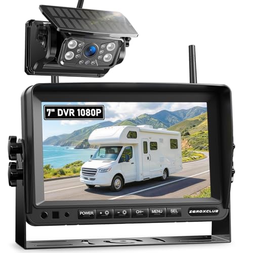 Image of Magnetic Solar Wireless Backup Camera System, HD 1080P 7 inch Monitor with Rear View Camera for RV /Trailer /Fifth Wheels /Camper, Night Vision, Portable Rechargeable Battery, Loop Recording-ZEROXCLUB BS701