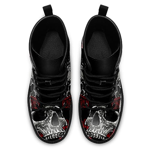 Image of Custom Black Combat Boots for Women Fashion Lace-Up Skull Rose Ankle Booties Chunky Heel Platform Leather Boots