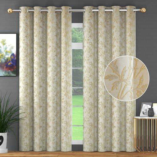Image of FRESH FROM LOOM Light Blocking 80% Room Darkening Curtain 7 Feet Long Door & Window with Floral Design | Eyelet Rings | Fade Resistant | Premium Luxury Quality Parda (7feet, Golden, 1pc only)