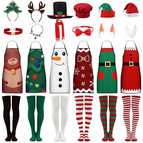 Image of Civaner 24 Pcs Christmas Apron Costume Accessories for Women Christmas Hats Headbands Scarf Elf Ears Necklace Socks Santa Snowman Elf Reindeer for Xmas Party Cosplay
