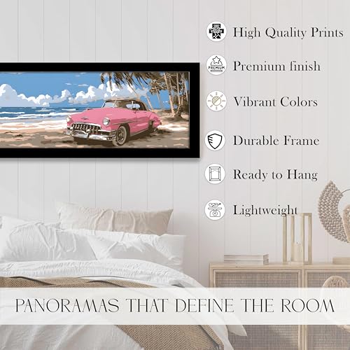 Image of PAINTINGMANTRA Summer Beach View with Vintage Pink Car Wall Art Framed Luxury Paintings for Home Decoration, Living room, Bedroom and Office Decoration (99x38 CM)