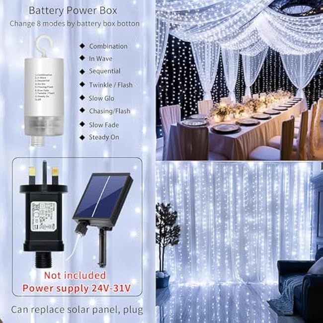 Curtain Lights Battery Powered 10*10Ft 300LED Waterproof Waterfall Light with 8 Modes Remote Dimmable Timer Memory Twinkle Fairy String Lights for Indoor Outdoor Gazebo Wedding Party Pergola Christmas