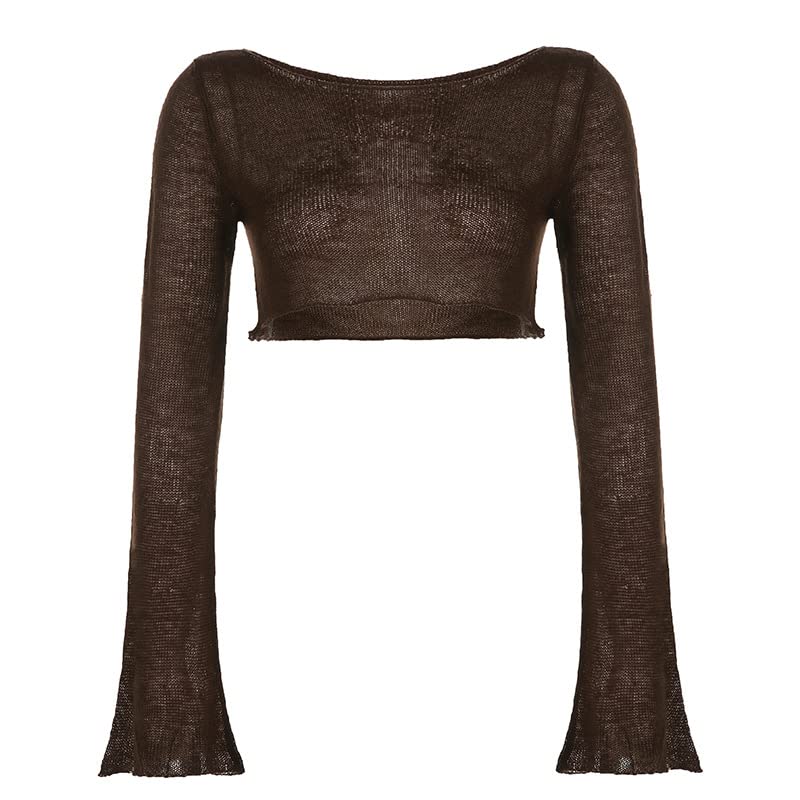 Womens Long Sleeve Grunge Knitted Crochet Half Cut Pullover Sweater Super Cropped Drop Shoulder Fairycore Cover Up