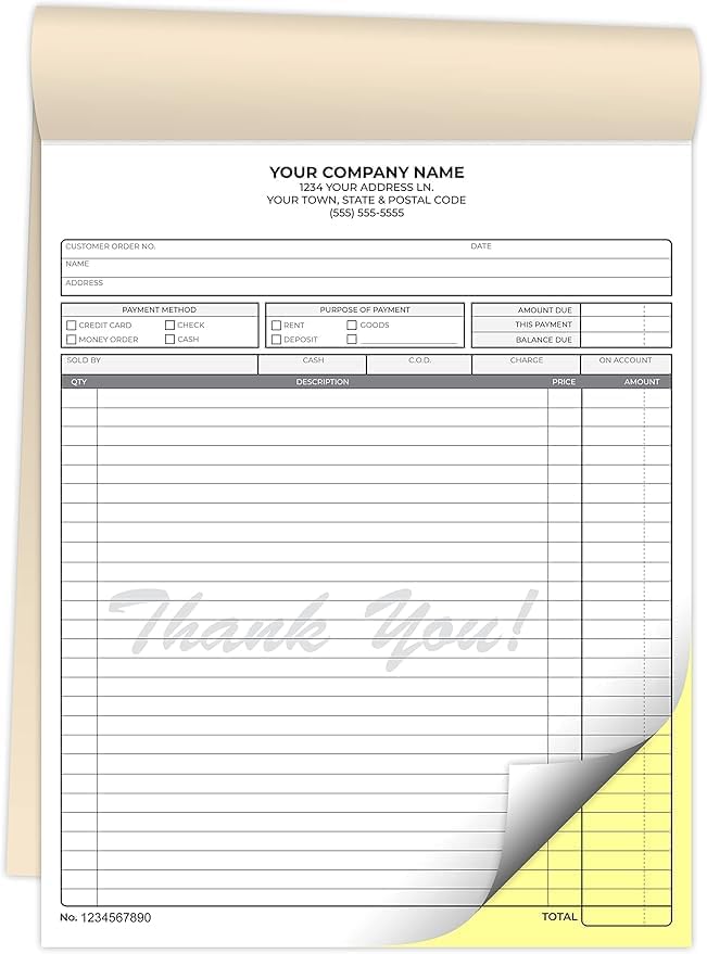 Custom 8.5" X 11" Invoice Receipt Book, Carbonless NCR Invoice Book in 2-Part Duplicate Receipts, Estimates, Purchase Orders, Sales Orders (White/Yellow, 100 Sets)