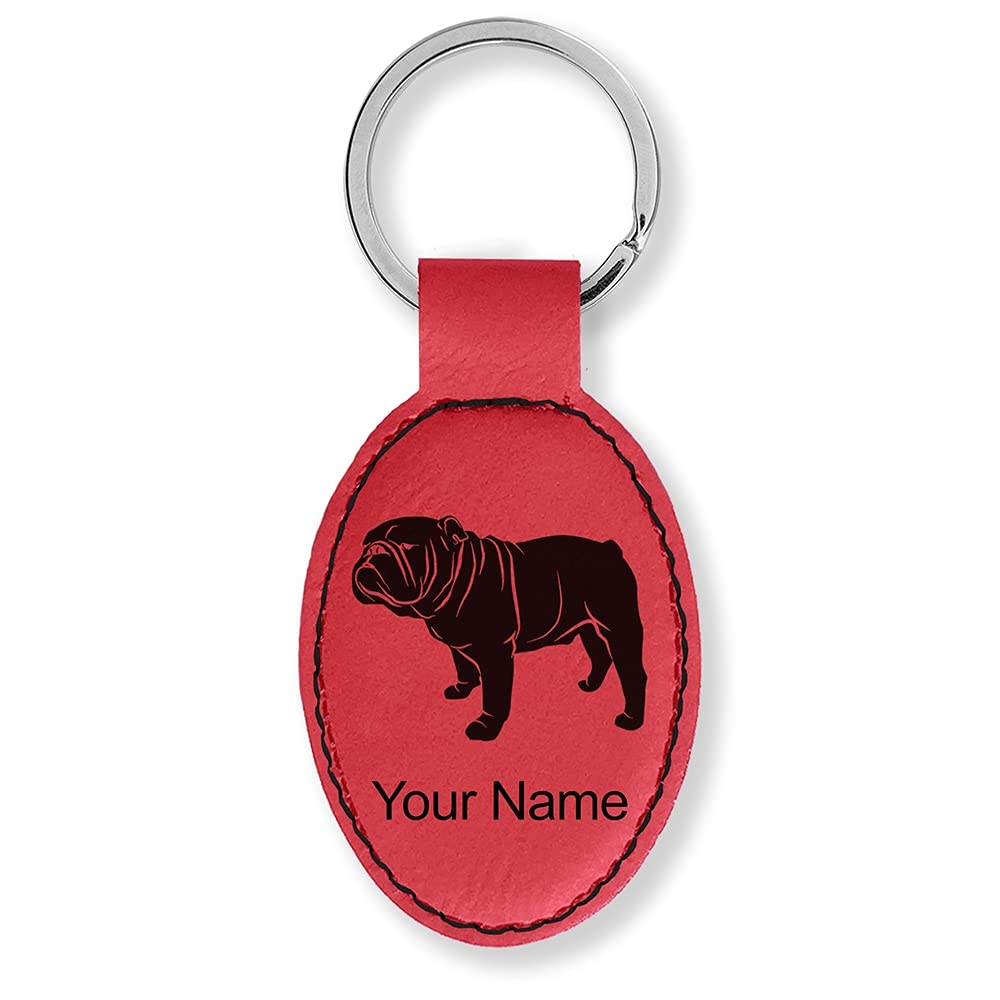 LaserGram Oval Keychain, Bulldog Dog, Personalized Engraving Included (Red)