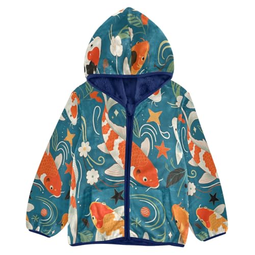 Koi Fish Swim Among Flowers Toddler Fleece Jacket Girl Boys Hooded Fleece Jacket Coat Warm Outwear Zip-up 3-10T