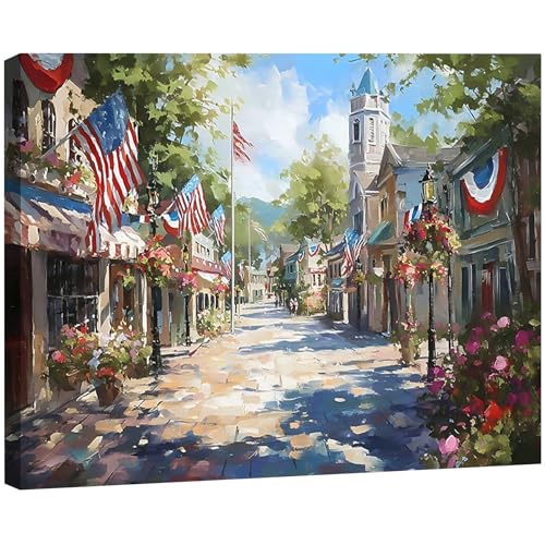 Image of Rustic Patriotic Main Street Wall Art, 4th of July American Town Canvas Prints, Vintage Flag Street Decor for Home, Living Room, Kitchen, Framed Artwork for Bar, Made in USA