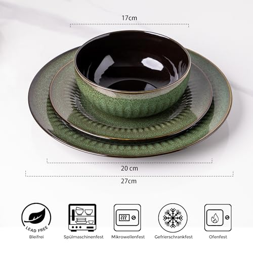LeRatio Geschirrset für 6 Personen, 18-tlg Reaktive Glasur Steingut Geschirr Set, Keramik Kratzfestes- Schüssel- und Teller-Set, Spülmaschinen- und Mikrowellenfestes (Jadegrün, 18 Teile Set)
