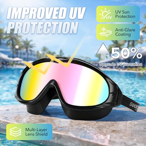 Image of Seago Swim Goggles Adult Youth Anti-Fog Wide Clear View Pool Goggles | 180 Vision UV Protection Waterproof No Leaking, Triathlon Swim Glasses Mask with Soft Silicone for Men Women Junior