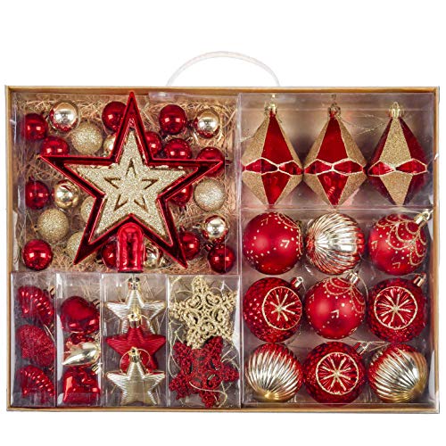 Valery Madelyn Ornaments for Christmas Trees, 70ct Red and Gold Shatterproof Christmas Tree Decorations, Luxury Hanging Ball Ornaments Bulk for Xmas Holiday Decor