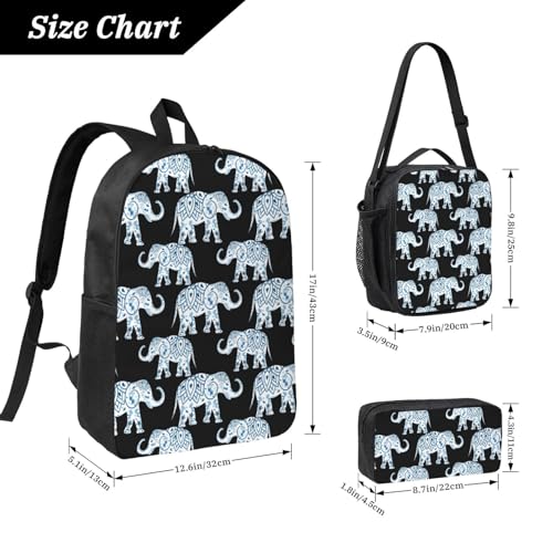 Backpack Set with Lunch Bag & Pencil Case Elephant-Blue Black Print Oxford Fabric Portable Useful Bag Set4