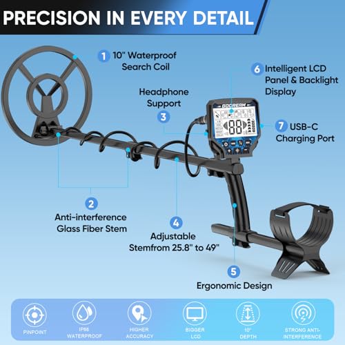 Image of Metal Detector for Adults Professional - 1800mAh Rechargeable Gold Detector, 6 Detection Modes, 10 inch IP68 Waterproof Coil, New Advanced DSP Chip for Beach & Treasure Hunting