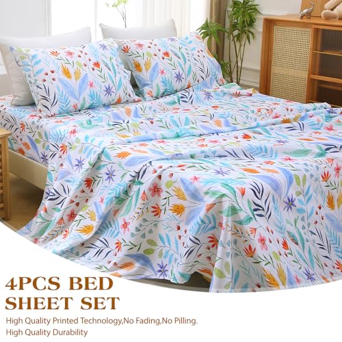 Image of MUXHOMO King Size 4 Piece Sheet Set, Soft & Breathable Sheet for Bedroom with Deep Pocket Up to 16 inch, Wrinkle-Free & Cooling Bed Sheets with Flat Sheet, Fitted Sheet & Pillowcases - Colorful Leaves