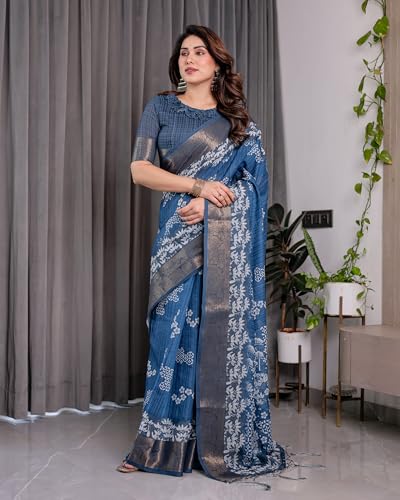Image of ALMAARI FASHION Handloom Cotton Linen Saree for Women with Floral Printed Design and Tassel Pallu, Traditional Ethnic Lightweight Saree for Daily Office Festive with Blouse Piece