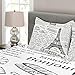 Ambesonne Paris Bedspread, Traditional Famous Parisian Elements Bonjour Croissant and Coffee Eiffel Tower Print Art, Decorative Quilted 3 Piece Coverlet Set with 2 Pillow Shams, King Size, Black White