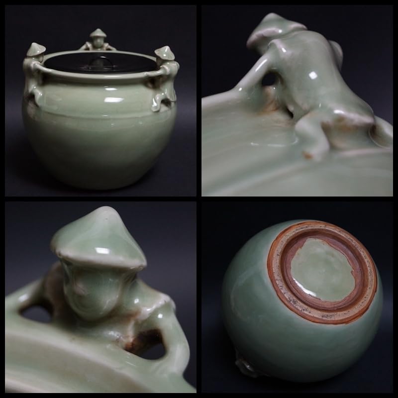 明末天龍寺 青磁 三閑人 水指 飾壷 木製黒漆蓋/ 明末天龍寺 青磁 三閑人 水指 飾壷 木製黒漆蓋/