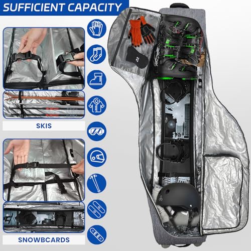 TurnWay Padded Ski Bag with Wheels for Air Travel, Double Rolling Snowboard Bag Heavy Duty Waterproof for Storage & Transportation of Snowboard/Ski Gear (Gray)