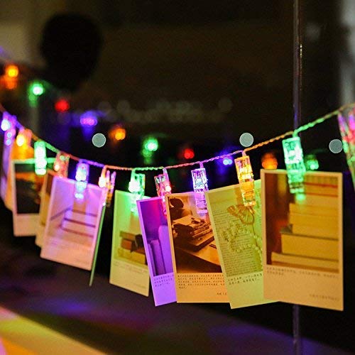 cuzile Clip cadena de luces LED - 20 Fotoclips 3M plana Betri batería Bildleuchten LED para la ración decorativos colgantes de fotos, notas, ilustraciones (Con pilas 20 LED multicolor)
