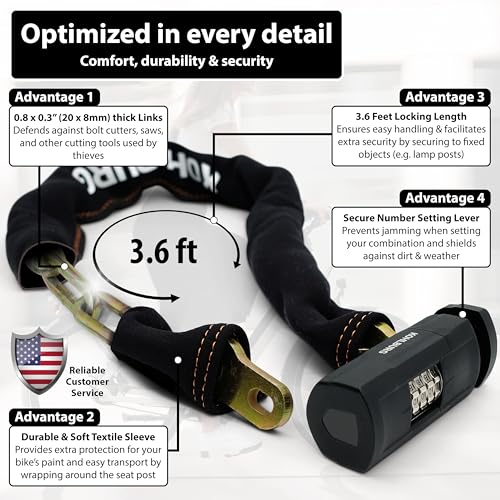 Image of KOHLBURG Heavy Duty Combination Bike Lock [Sold Secure Gold] 43 inch Long with Maximum Security - Anti Theft Bike Chain Lock with Numeric Code & 8mm Hardened Steel for Bicycle, Ebike, & Motorcycle
