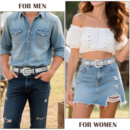 XZQTIVE Cowgirl Bling Studded Leather Belts for Jeans Pants with Rhinestone and Western Silver Buckle, Unisex4