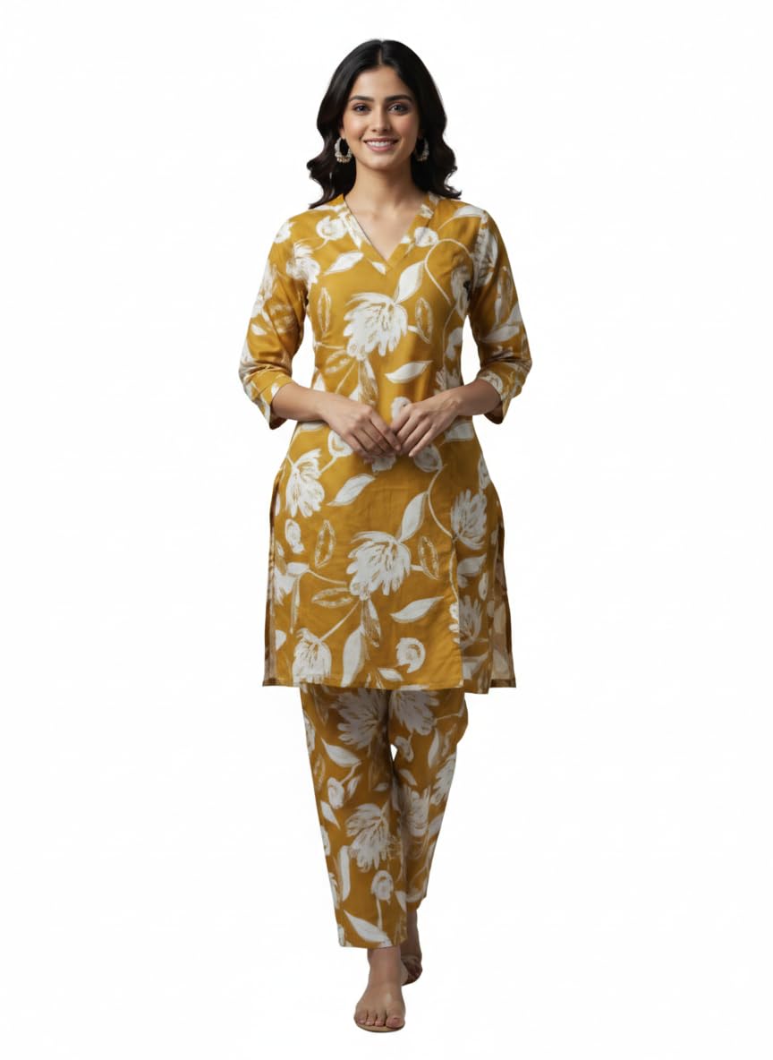 Mustard Floral Cotton Co-ord Set, V-Neckline Tunic with Matching Trousers, Three-Quarter Sleeves-picture-50